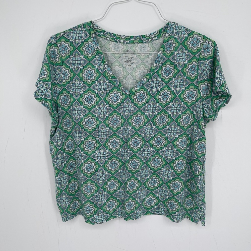 J.Jill Women's Green Medallion Ultrasoft Sleep V-Neck Tee Size M Petite
